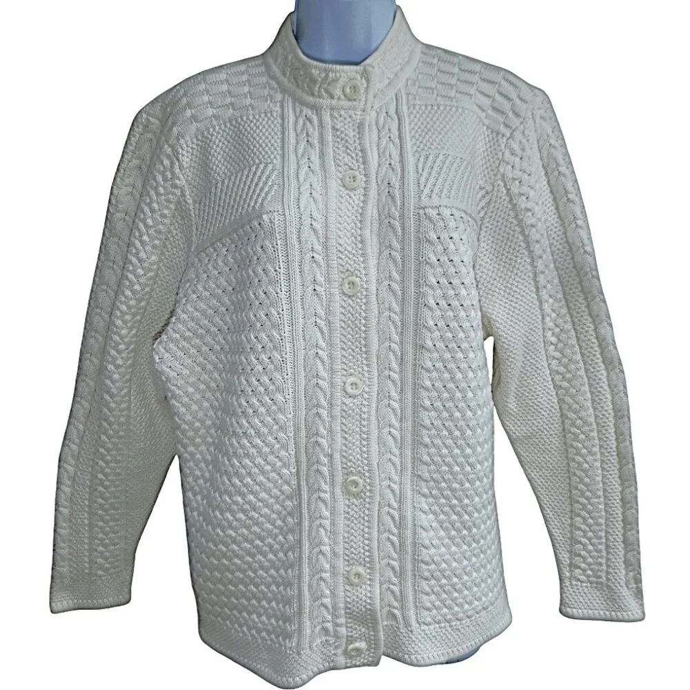 Vintage LL Bean Ivory 3D Cable Knit Cardigan Mock Neck Fisherman Cotton Plus 2x